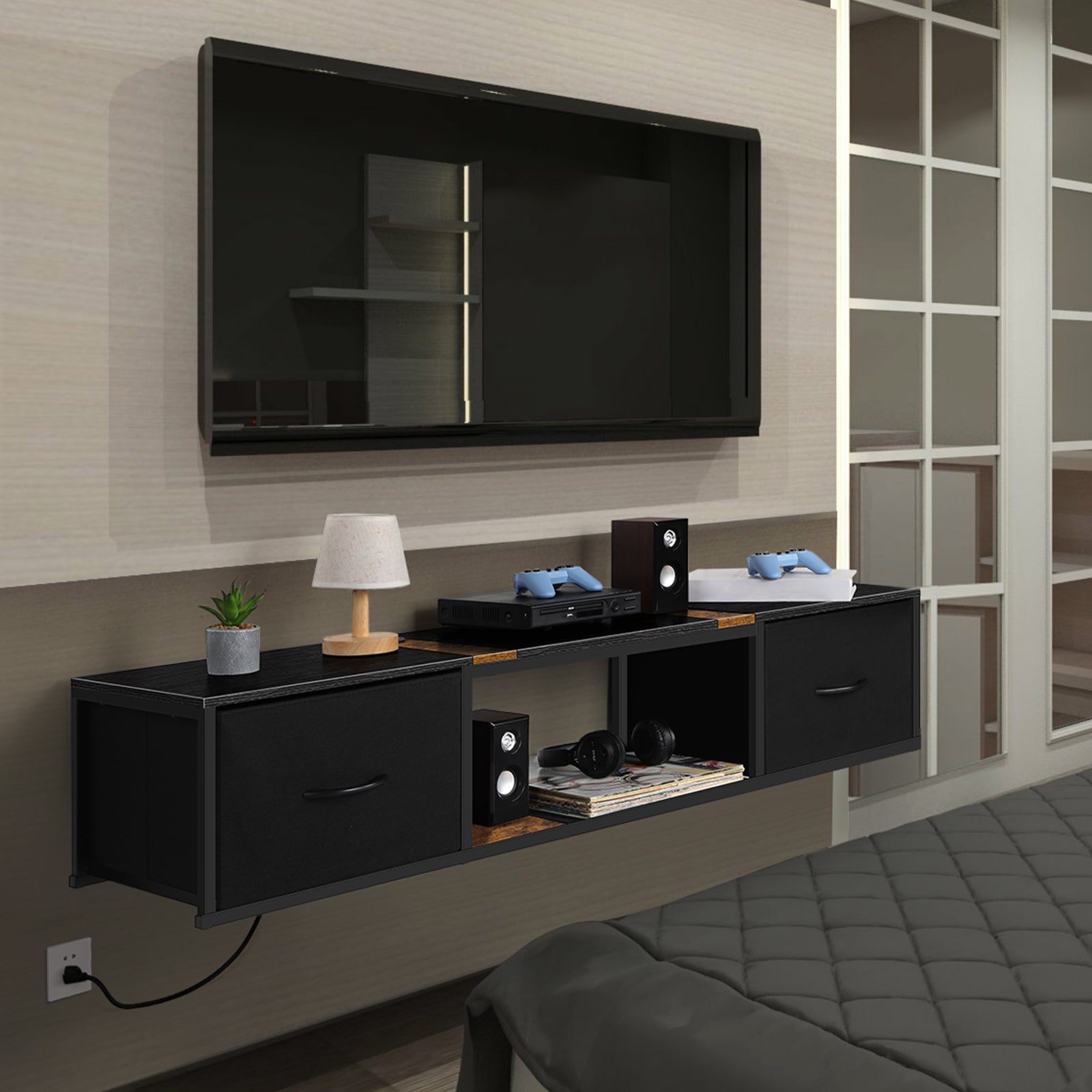 Floating TV Stand with Power Outlets - Wall Mount Entertainment Center for 50" TVs, Black