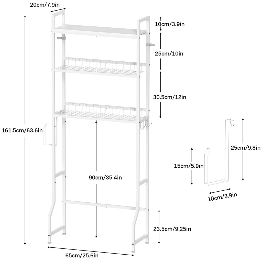 3-Tier Over the Toilet Storage Rack, Freestanding Space-Saving Bathroom Organizer, White Metal Shelf