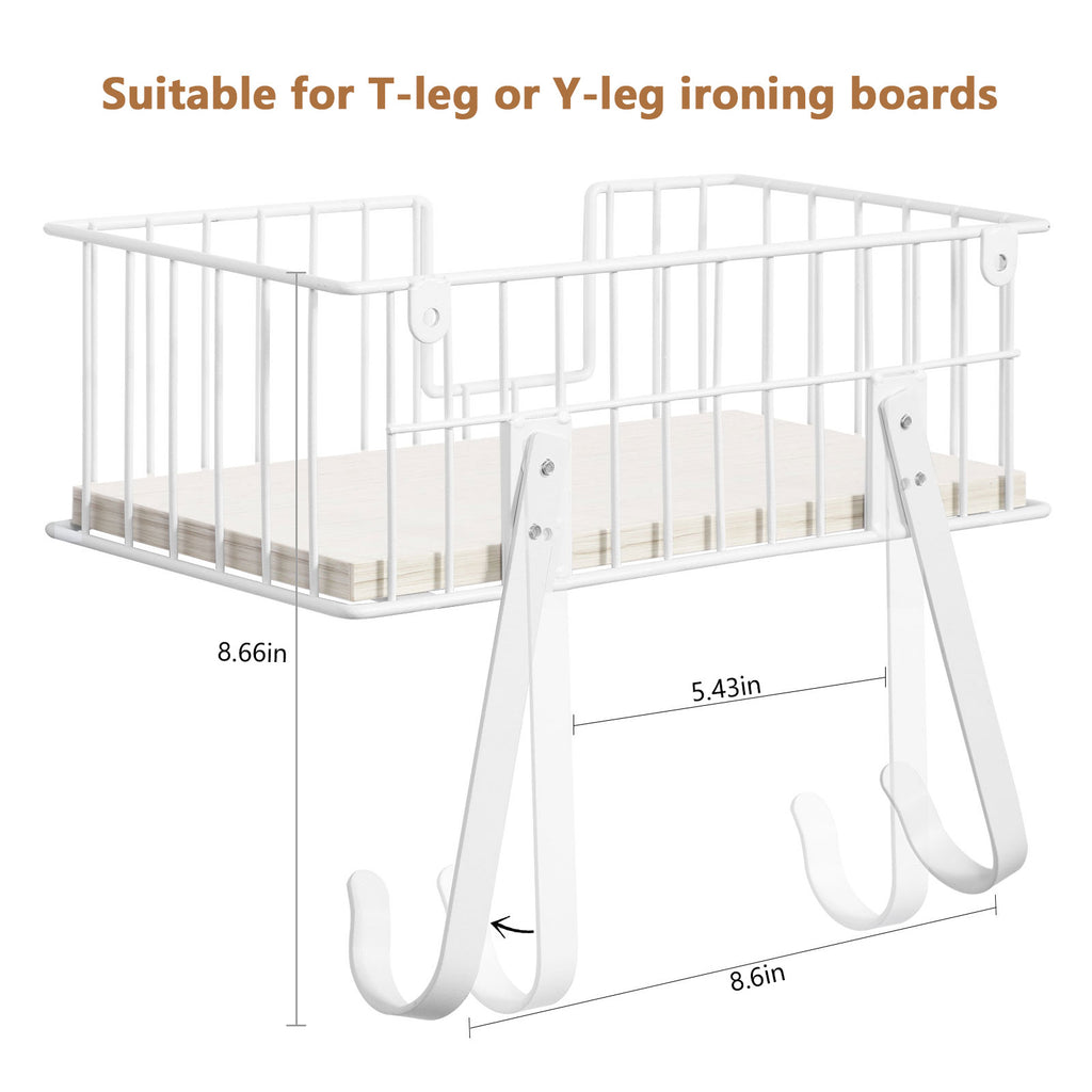 Wall Mounted Ironing Station Organizer with Flexible Hooks for T and Y-Leg Boards, Laundry Room Storage Rack, White finish