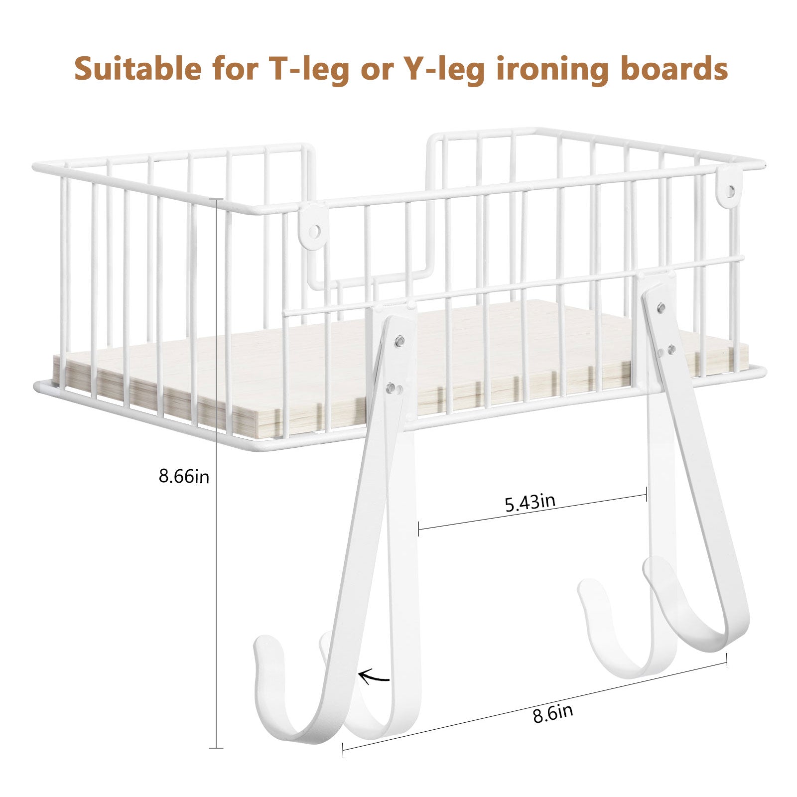 Wall Mounted Ironing Station Organizer with Flexible Hooks for T and Y-Leg Boards, Laundry Room Storage Rack, White finish