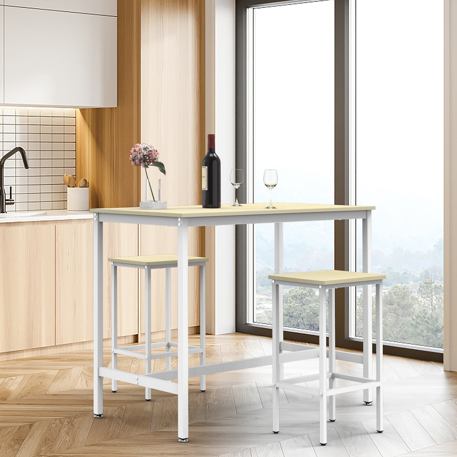 Bar Table and Chairs Set for 2, Industrial Kitchen Dining Bar Table with 2 Stools 3 Piece Rectangular Breakfast Bar Table Set