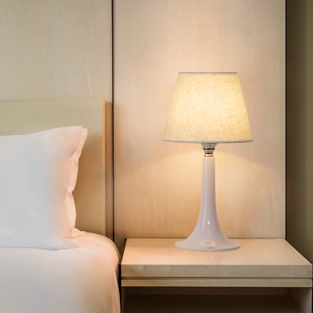 Pair of Contemporary White Table Lamps with Clear Acrylic Bases and Cloth Shades, Versatile Small Nightstand Lights for Kids' Rooms, Offices, or Bedrooms