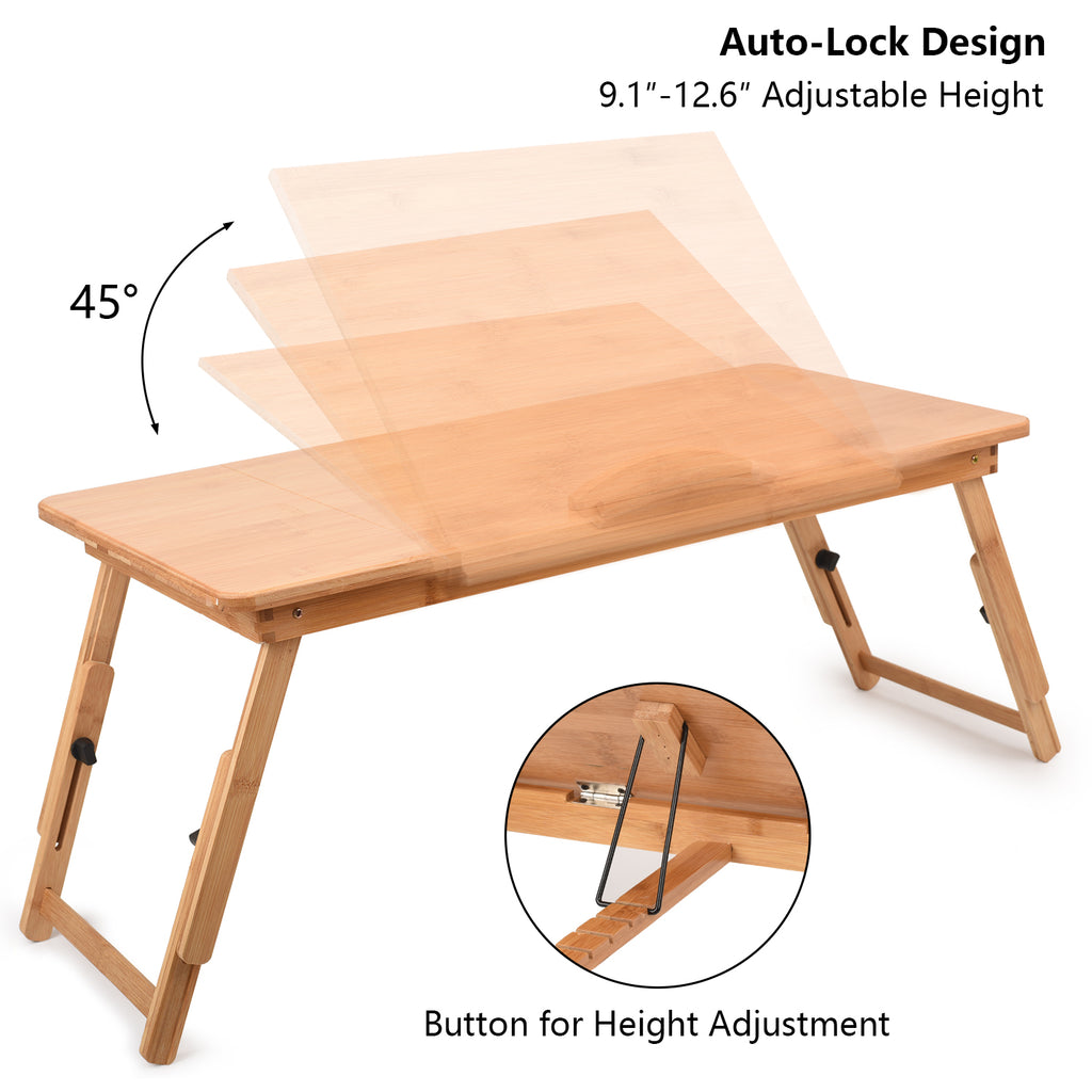 Large Ambidextrous Bamboo Bed Tray for Laptops, Tilting Surface Breakfast Table with Storage Drawer