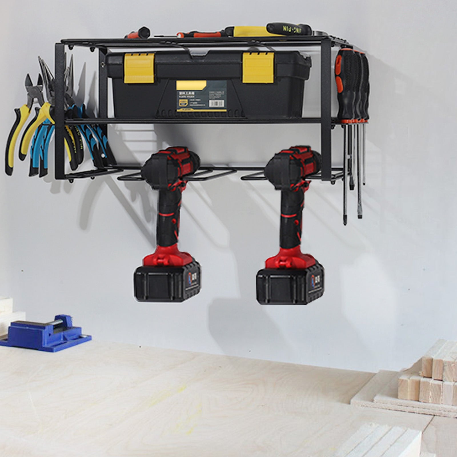 Garage Workshop Wall Tool Organizer, Rustproof Metal Drill Storage Rack, Multi-Purpose Hand & Power Tool Hanging Shelf