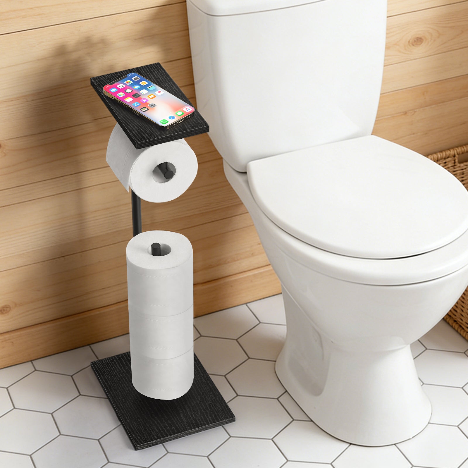 Free Standing Toilet Paper Holder Stand with Shelf, Black Metal & Wood Toilet Paper Storage with Reserve, Bathroom Organizer for Mega Rolls, Phones, Wipes