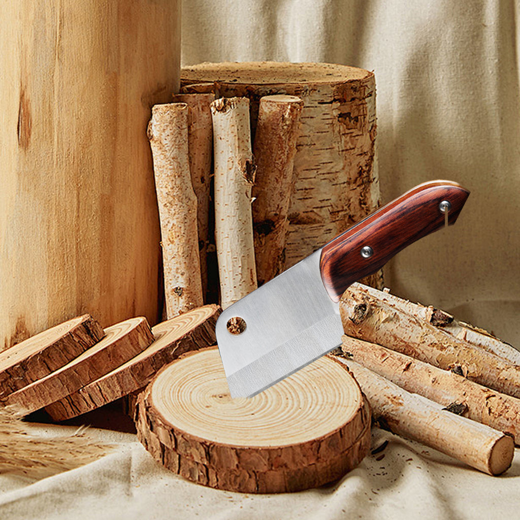 Portable Camping Cleaver Knife with Sheath, Fixed Blade Kitchen Meat Knife for Outdoor Cooking, BBQ, and Survival, Wooden Handle,