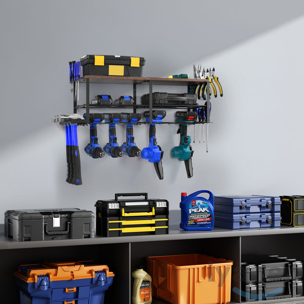 Power Tool Organizer with Wood Shelf, Wall-Mount Drill Holder & Garage Storage Rack for Tool Organization