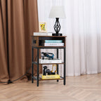 Nightstand with Charging Station & Storage Drawer - Narrow Side Table for Small Spaces, Rustic Brown