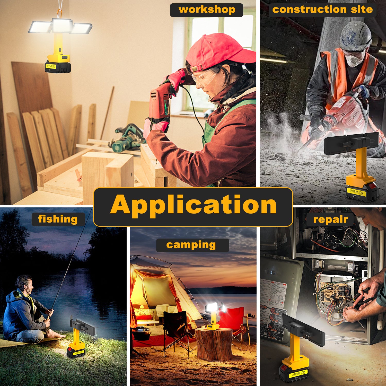 Cordless LED Work Light for DeWalt 20V/18V Battery, 15W Portable Flood Light with USB & Type-C Charging Port, 3-Head Adjustable Outdoor Worklight