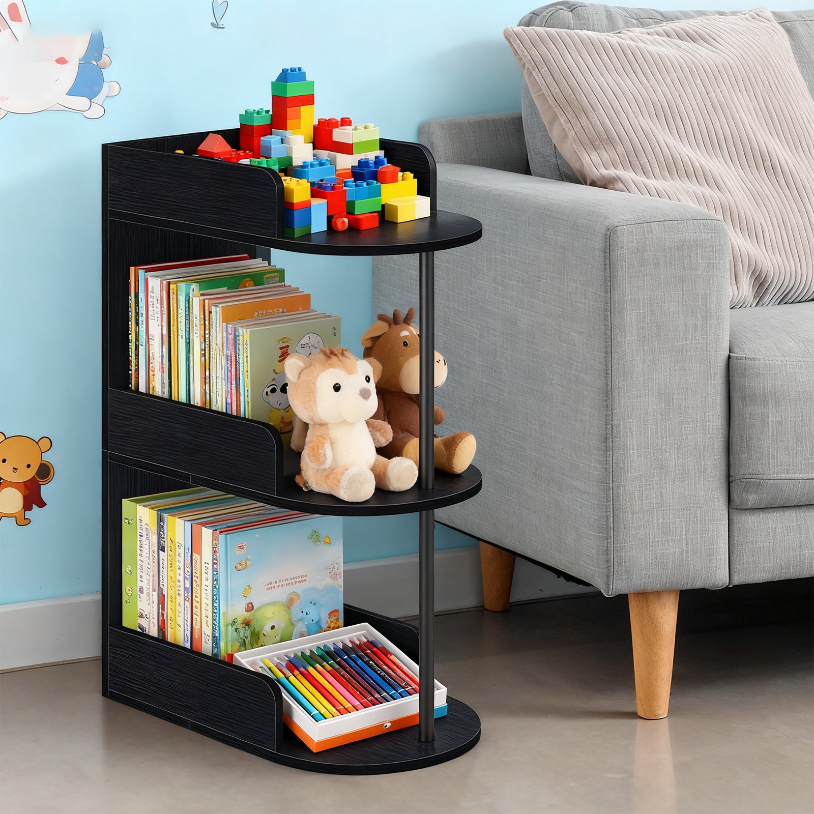 3-Tier Rolling C-Shaped End Table with Charging Station - Narrow Nightstand with USB Ports & Outlets,