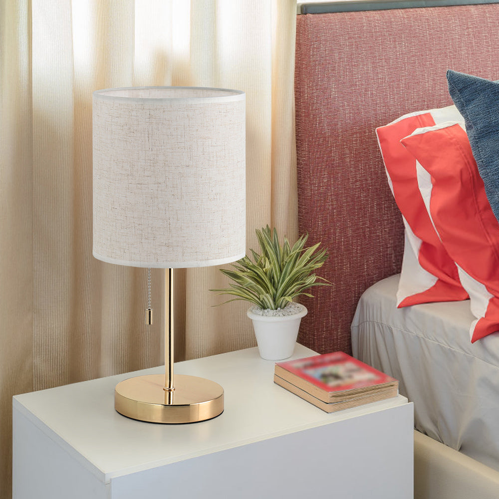 Modern Gold Bedside Lamp with Pull Chain — Elegant Nightstand Lamp with Linen Fabric Shade.