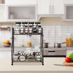 2-Tier Kitchen Spice Rack Organizer - Multi-Purpose Bathroom Counter Shelf with Hooks - Space-Saving Standing Storage, Brown
