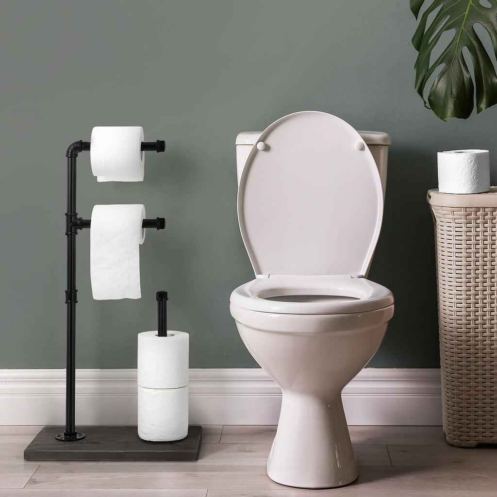 Independent Floor-Standing Industrial Iron Pipe Restroom Tissue Dispenser for Bathroom and Guest Spaces, Matte Black Finish