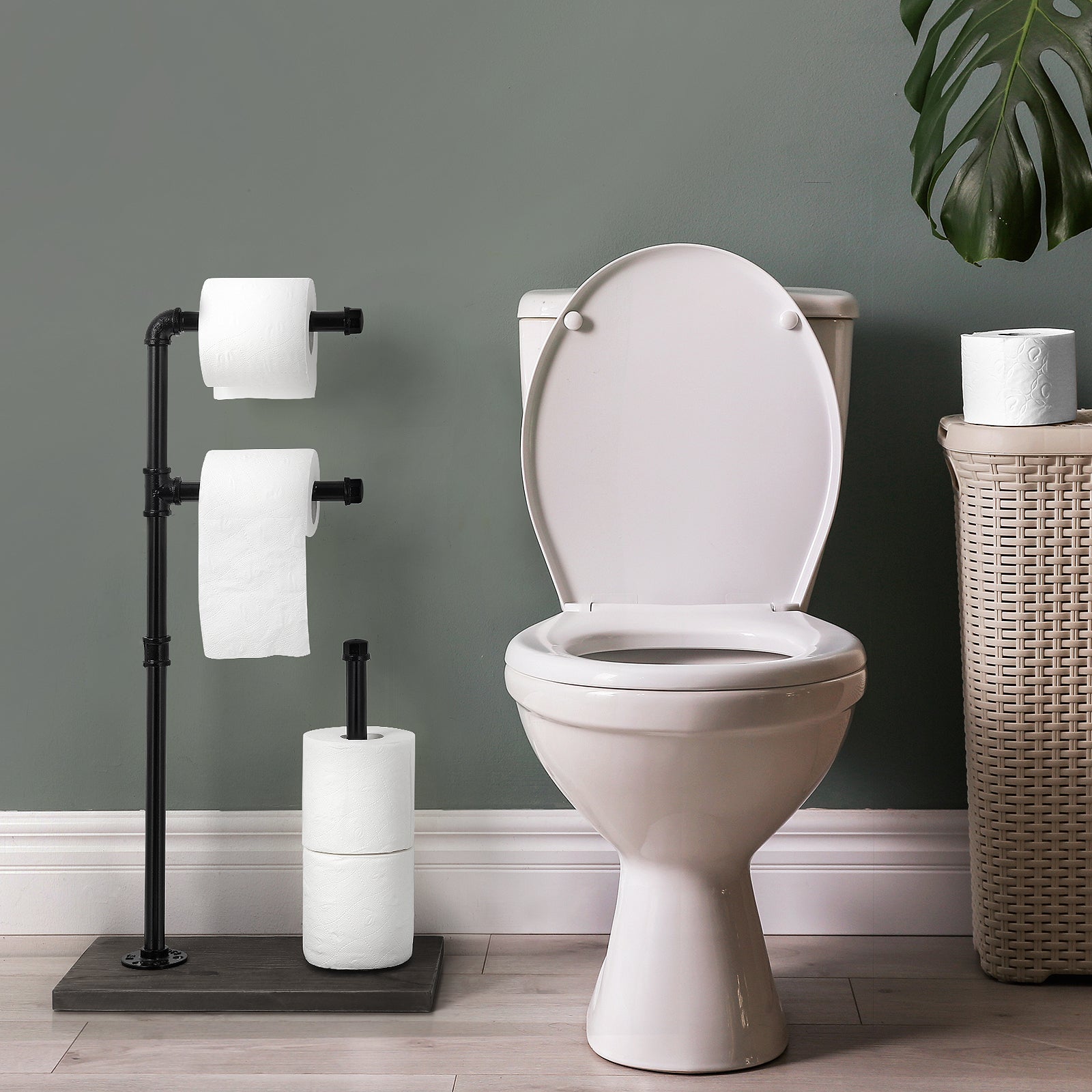 Independent Floor-Standing Industrial Iron Pipe Restroom Tissue Dispenser for Bathroom and Guest Spaces, Matte Black Finish