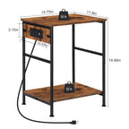 Pair of Rustic Brown 2-Tier Slim Bedside Tables with Integrated Power Outlets and USB Charging Ports, Compact End Tables with Lower Storage Shelf for Bedroom and Living Room