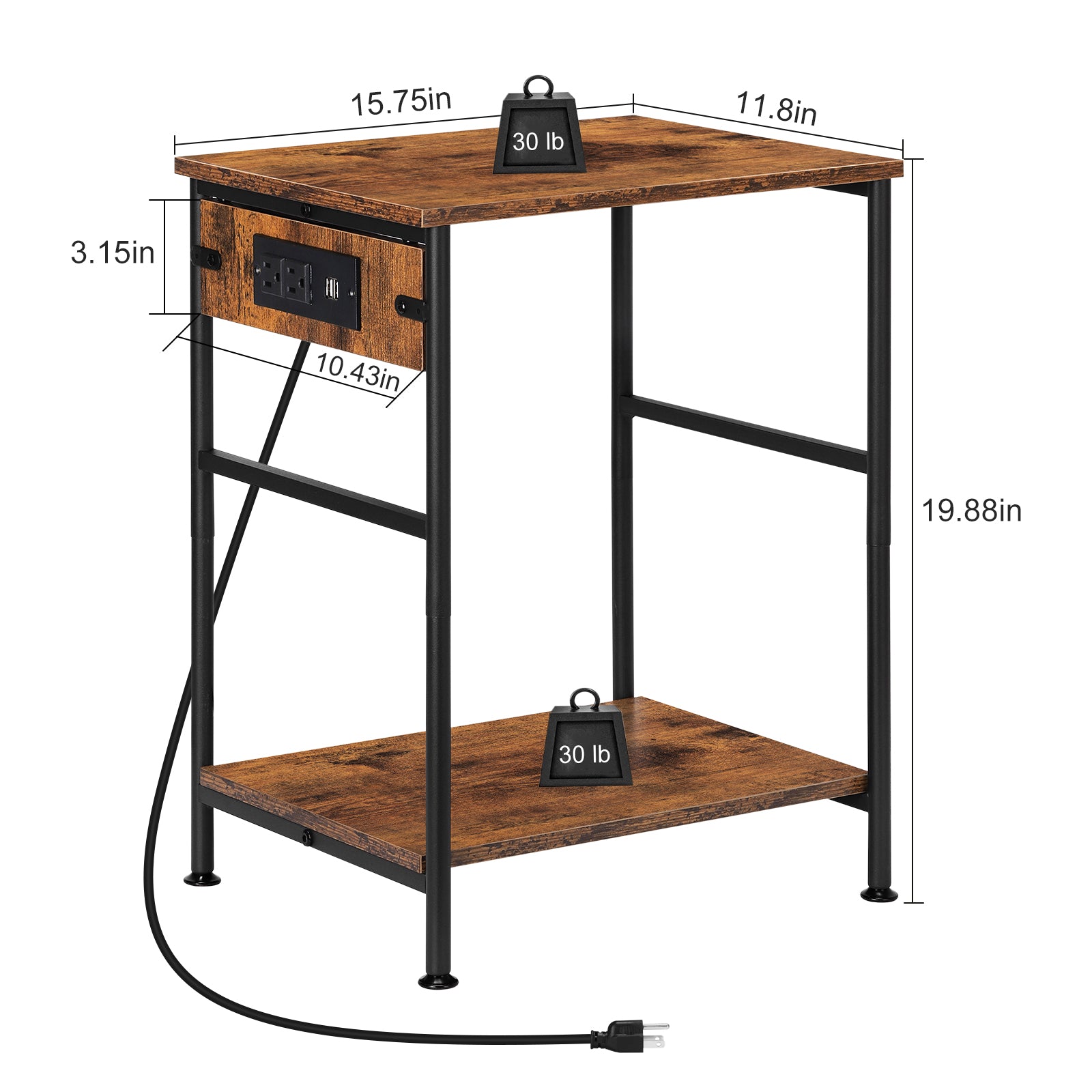 Pair of Rustic Brown 2-Tier Slim Bedside Tables with Integrated Power Outlets and USB Charging Ports, Compact End Tables with Lower Storage Shelf for Bedroom and Living Room