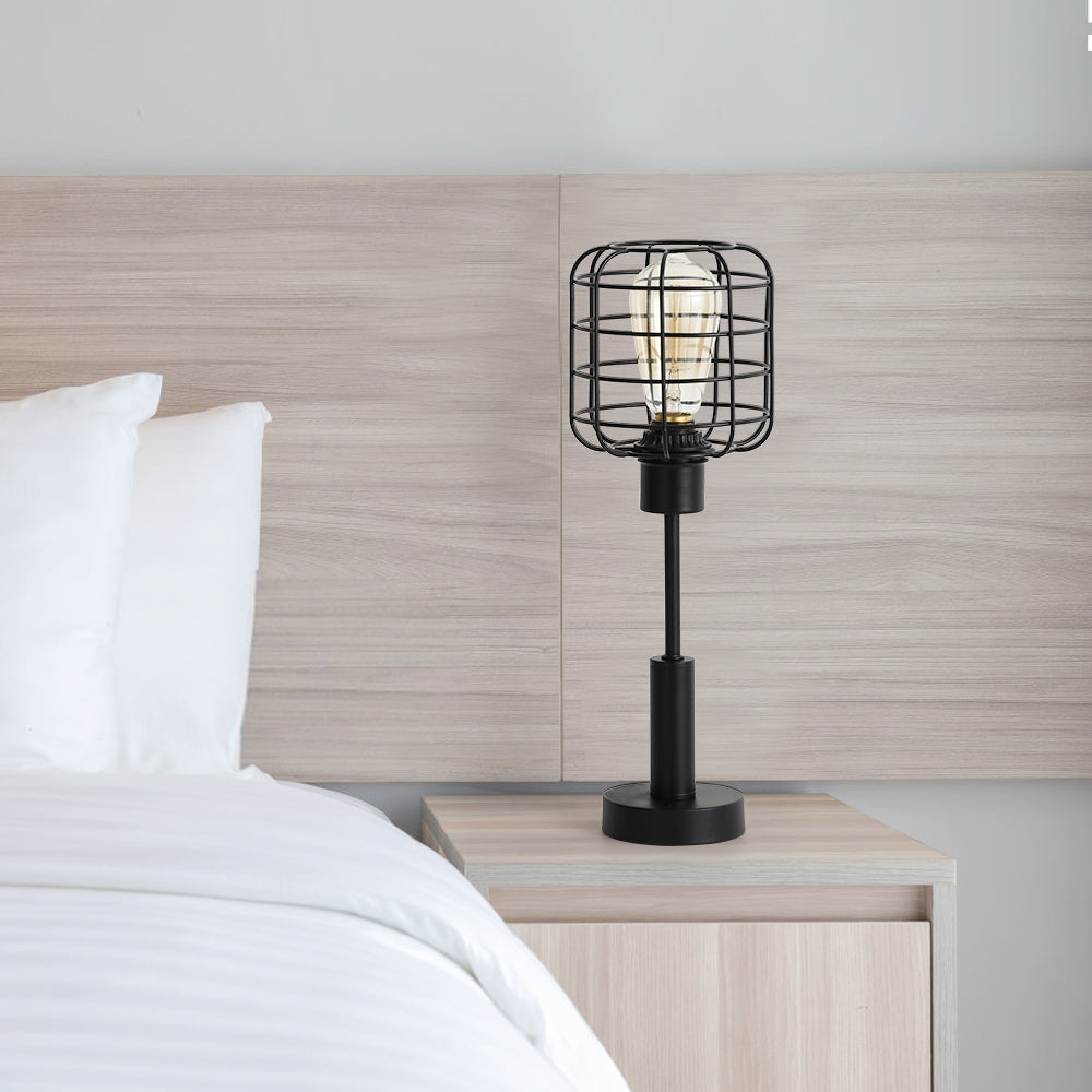 Industrial Metal Cage Table Lamp, Vintage Bedside Nightstand Light for Minimalist Decor.