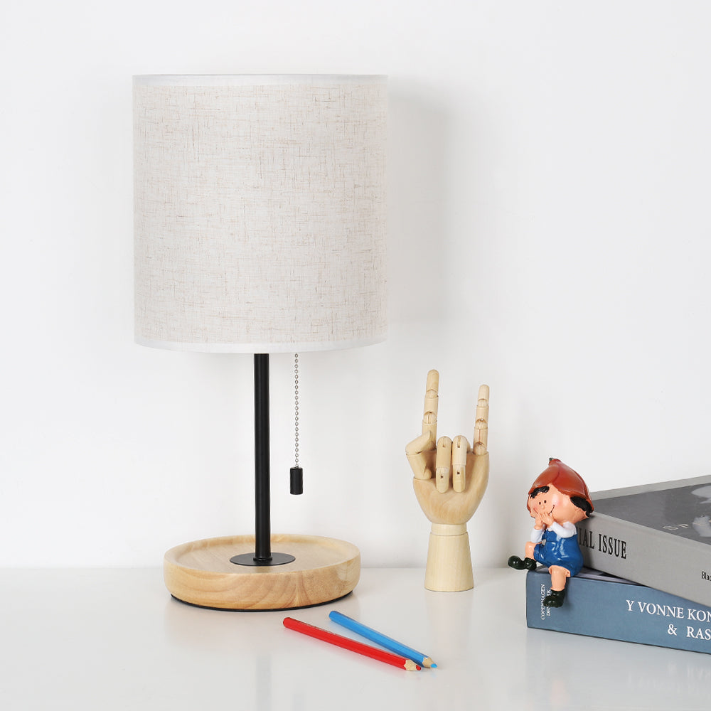 Modern White Bedside Table Lamp (16 Inches) - Wood Base Nightstand Lamp with Linen Fabric Shade