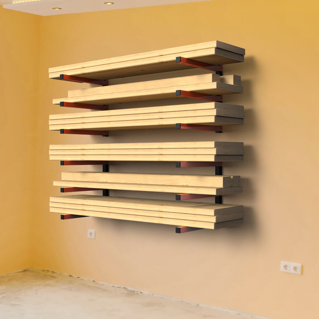 4 Pack Wall Mount Lumber Storage Rack, 3-Level Heavy-Duty Metal Wood Organizer, Garage Shop Lumber Storage Rack for Indoor/Outdoor Use