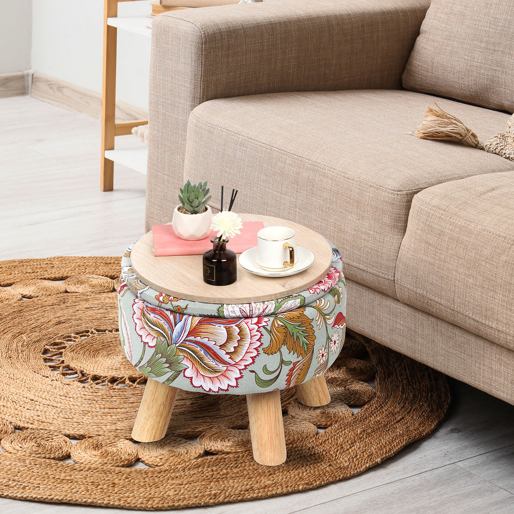 Round Storage Ottoman w/ Reversible Tray Lid - Upholstered Footrest Pouf for Living Room/Dorm, Red