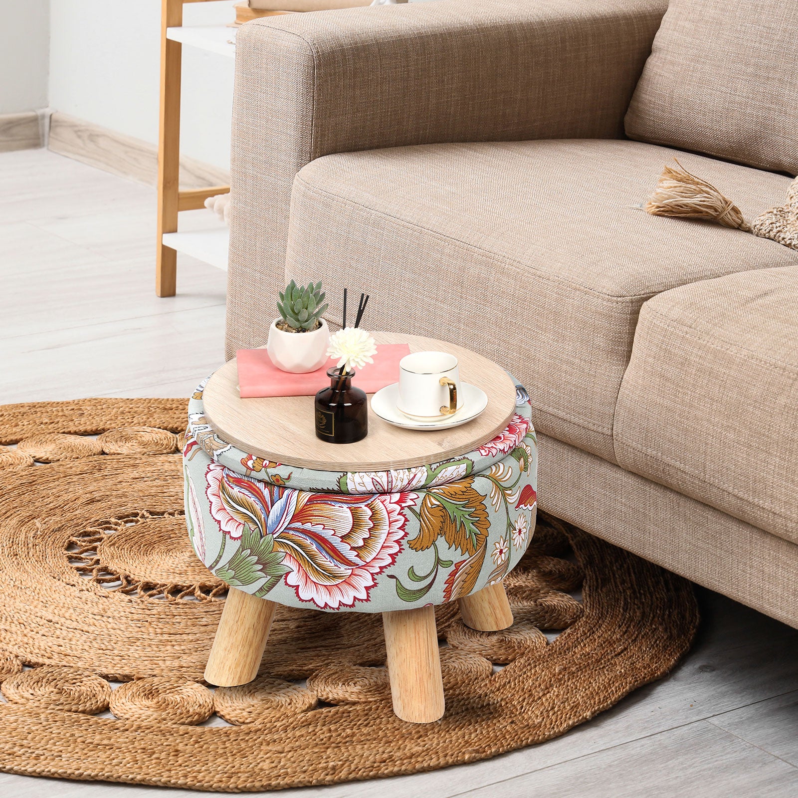 Round Storage Ottoman w/ Reversible Tray Lid - Upholstered Footrest Pouf for Living Room/Dorm, Red