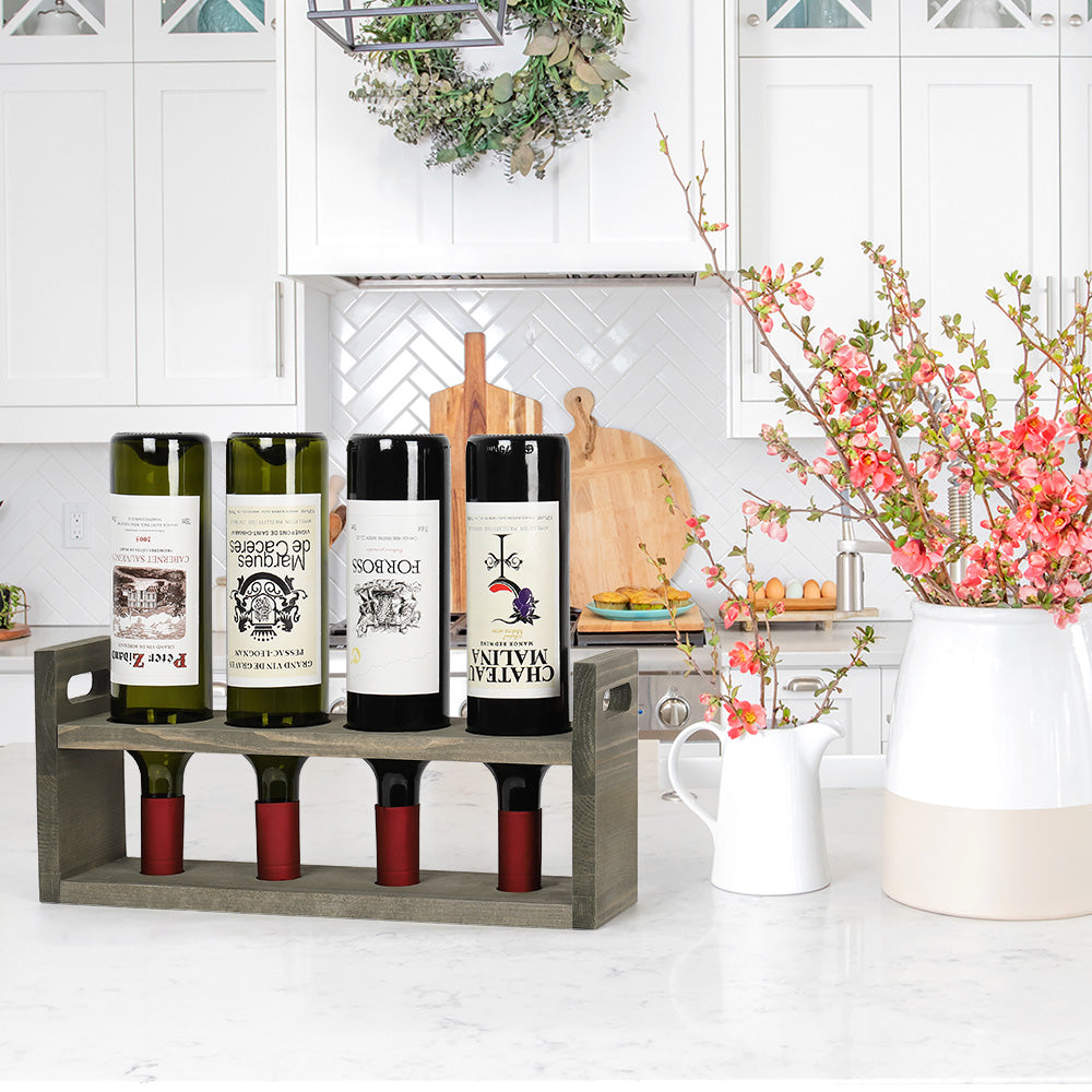 Countertop 4-Bottle Wood Wine Holder, Pre-Assembled Bottle Display Stand for Kitchen Cabinets and Home Bars