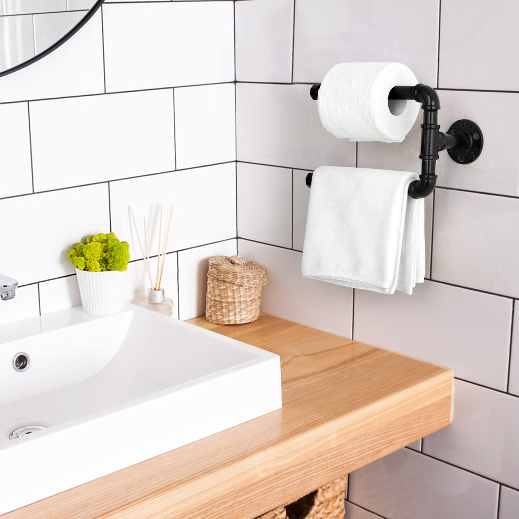 Stepped Industrial Pipe Double Toilet Paper Holder，Heavy-Duty Cast Iron Wall-Mounted Dual Tissue Rack.