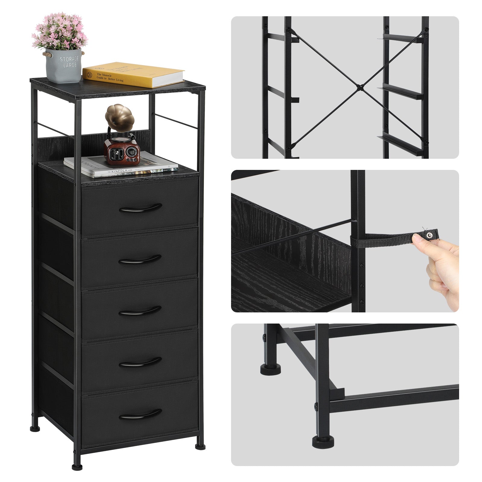 Black Fabric Dresser with 5 Drawers - Sturdy Steel Frame & Wood Top, Multi-Use Organizer