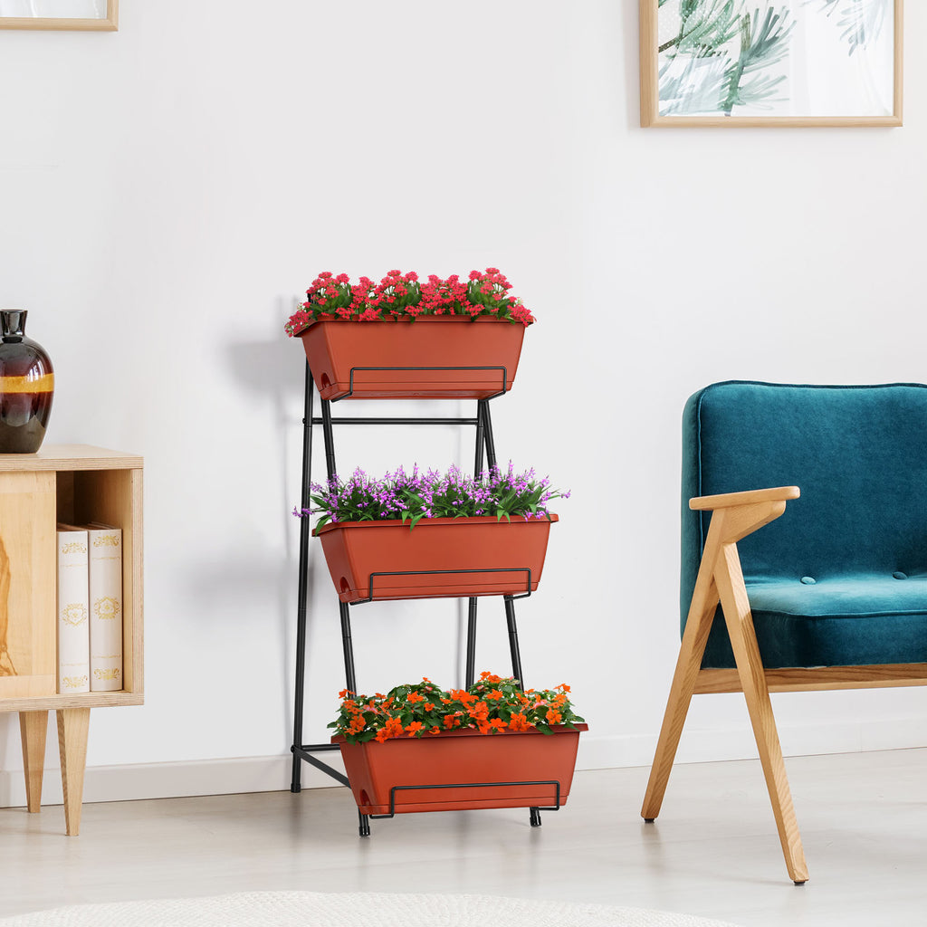 3-Tier Vertical Planter Stand with Drainage, Brick Red Elevated Garden Bed for Growing Herbs, Vegetables, and Flowers Outdoors