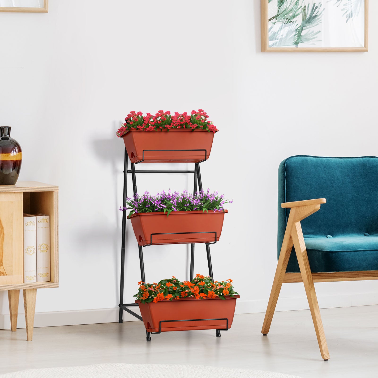 3-Tier Vertical Planter Stand with Drainage, Brick Red Elevated Garden Bed for Growing Herbs, Vegetables, and Flowers Outdoors