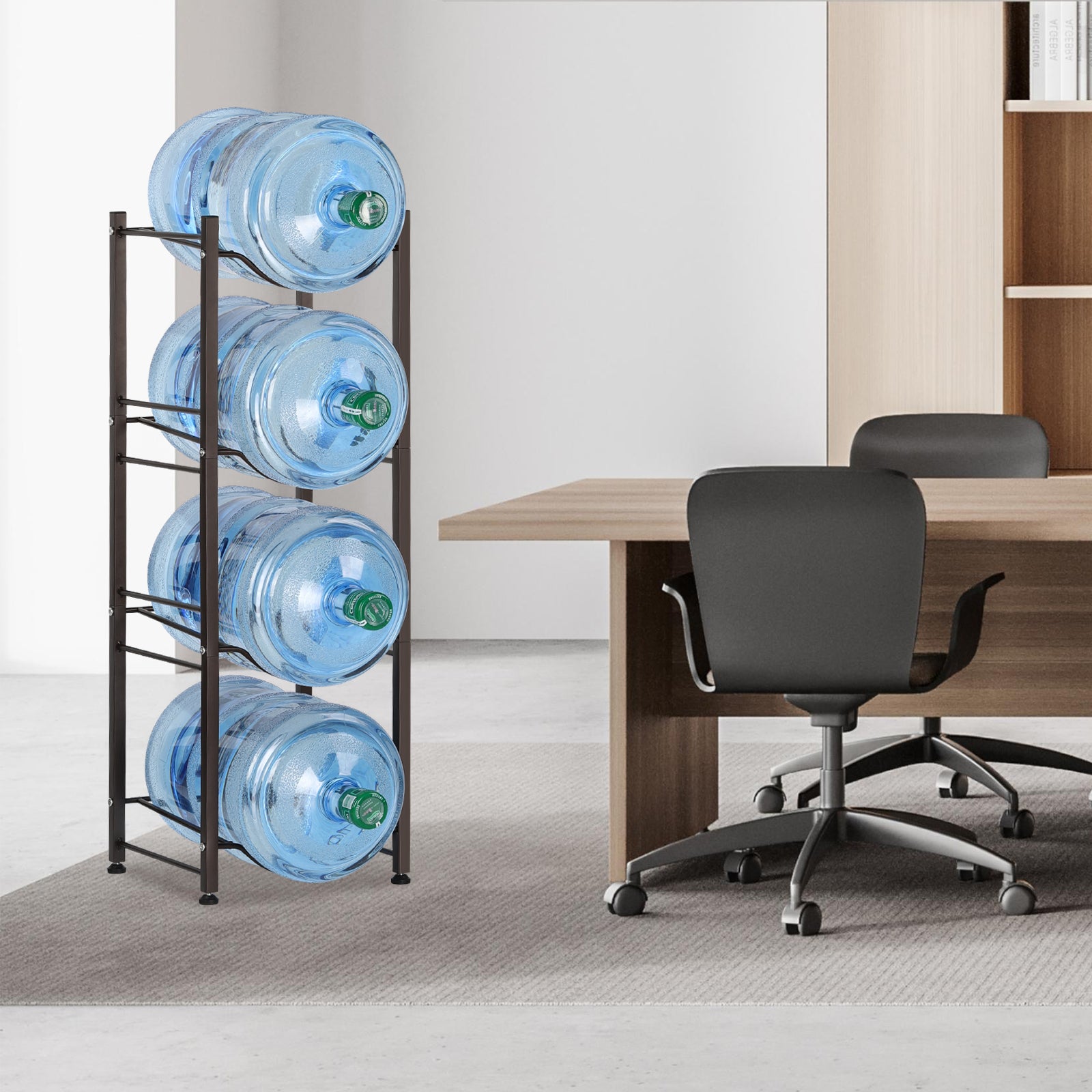 4-Tier 5 Gallon Water Bottle Holder Rack - Heavy Duty Stackable Water Jug Storage Organizer for Kitchen, Office & Breakroom, Black