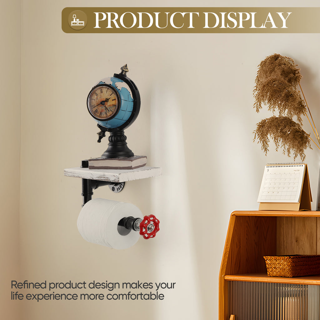 Industrial Pipe Toilet Paper Holder with Shelf - Wall-Mounted Rustic Wood Bathroom Organizer - Heavy-Duty Steampunk Tissue Rack