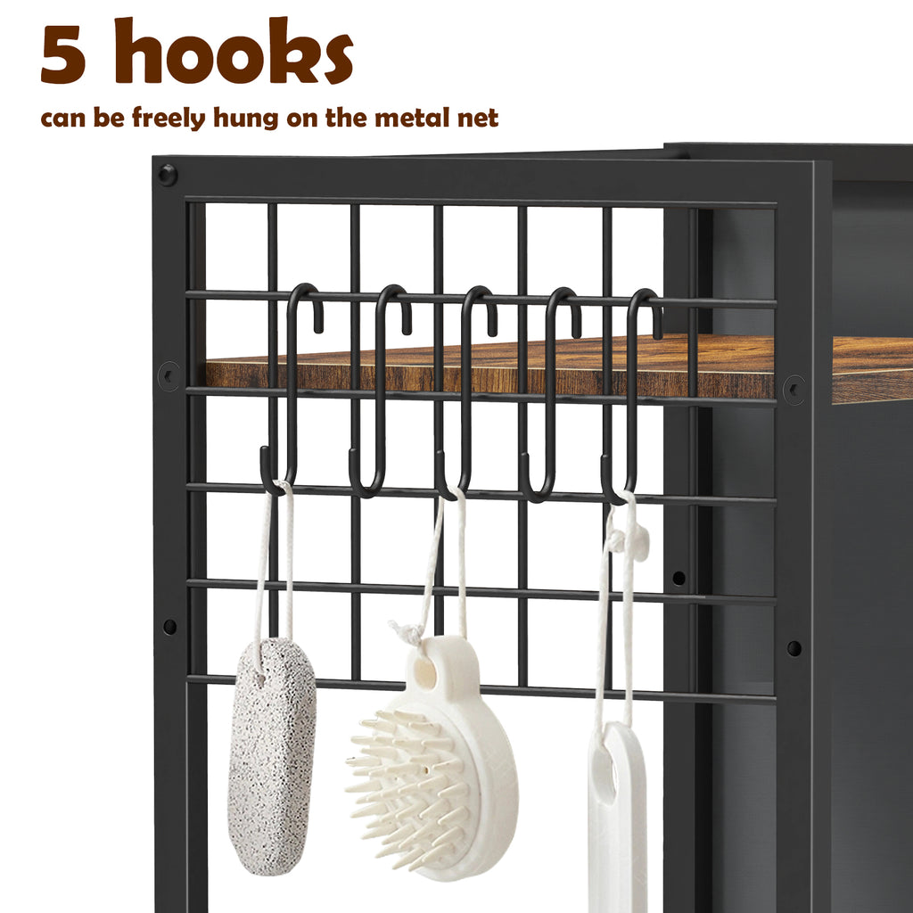 3-Tier Bathroom Floor Storage Shelf - Freestanding Organizer with Side Pocket & Towel Hooks, Brown,