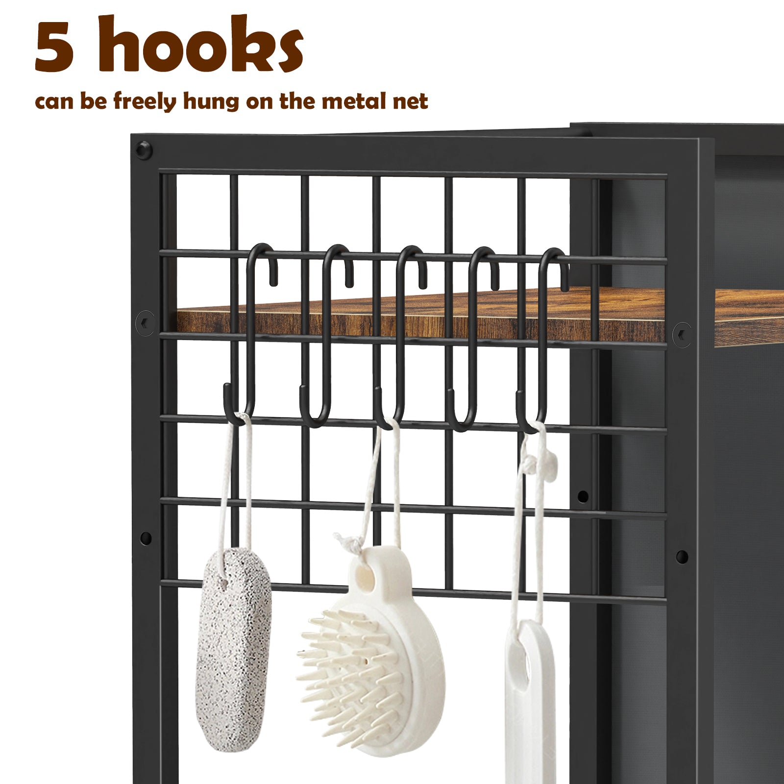 3-Tier Bathroom Floor Storage Shelf - Freestanding Organizer with Side Pocket & Towel Hooks, Brown,