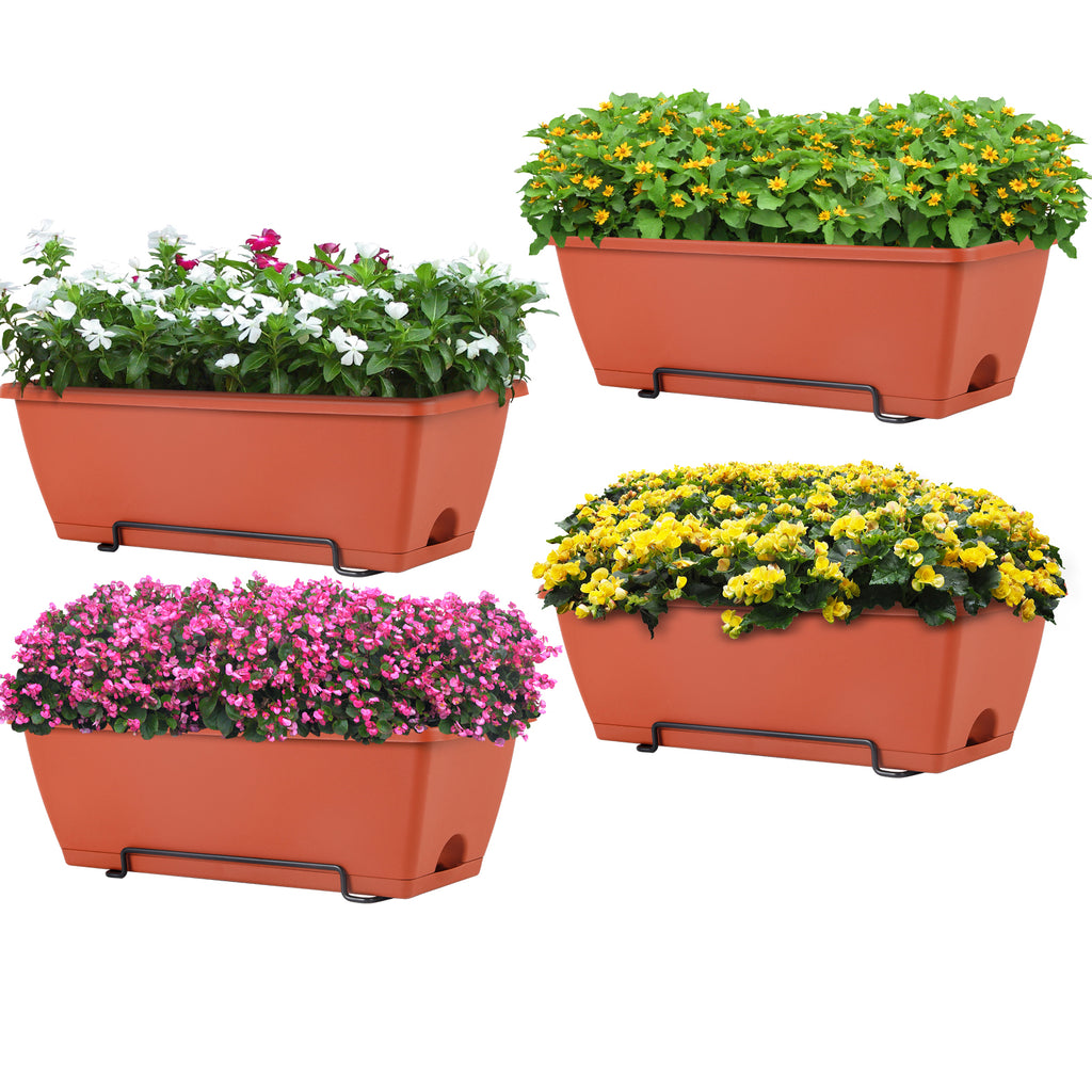 16.9 Inch Deck Railing Planter Boxes for Plants, Rectangular Hanging Window Boxes Planters with Metal Flower Pots Brackets - 4 Pack Railing Planter Box for Balcony Fences Garden