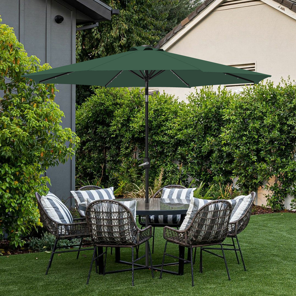 9ft Solar Powered Outdoor Umbrella -Tiltable Patio Market Umbrella with Crank, Green