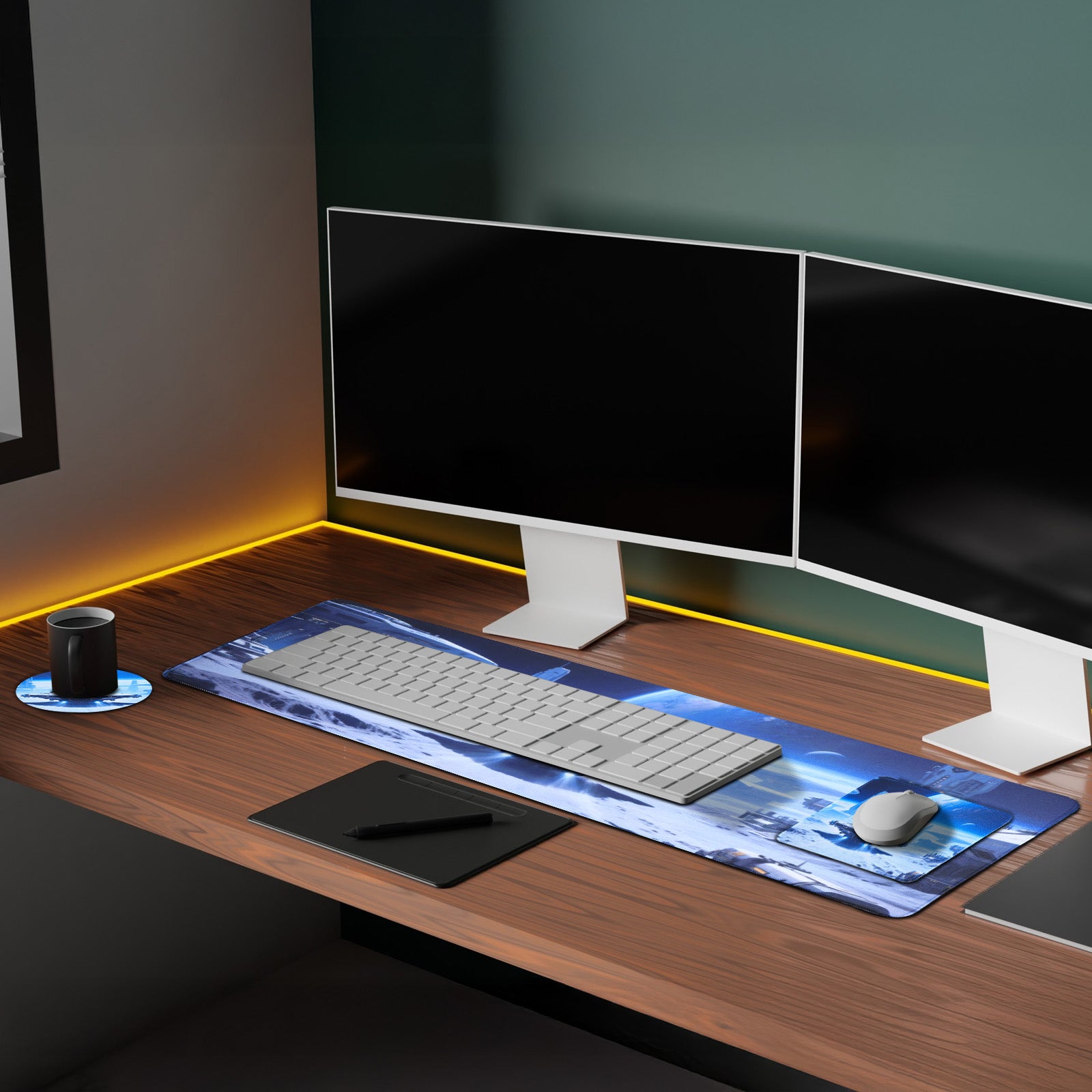 3-Piece Sci-Fi Space Station Desk Mat Set, Futuristic Galactic Mouse Pad & Cup Mat for Home Office