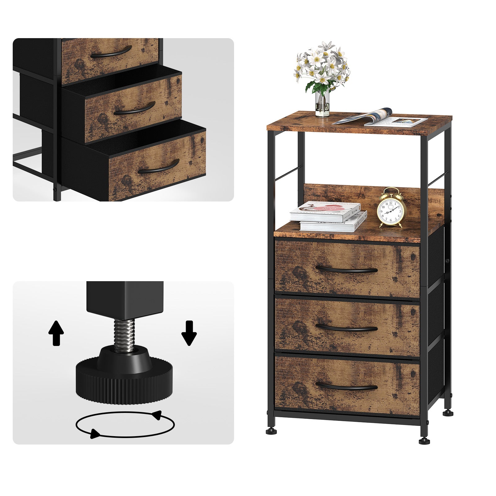 Bedside Table with Fabric Drawers - Industrial Nightstand for Bedroom & Dorm, Black/ Rustic Brown/White