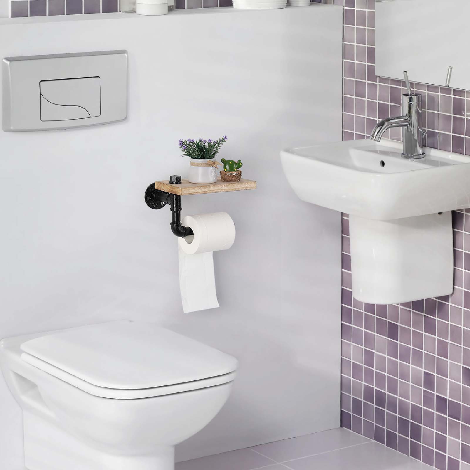 Industrial Cast Iron Pipe Tissue Holder with Rustic Wood Shelf， Wall-Mounted Decorative Bathroom Rack.
