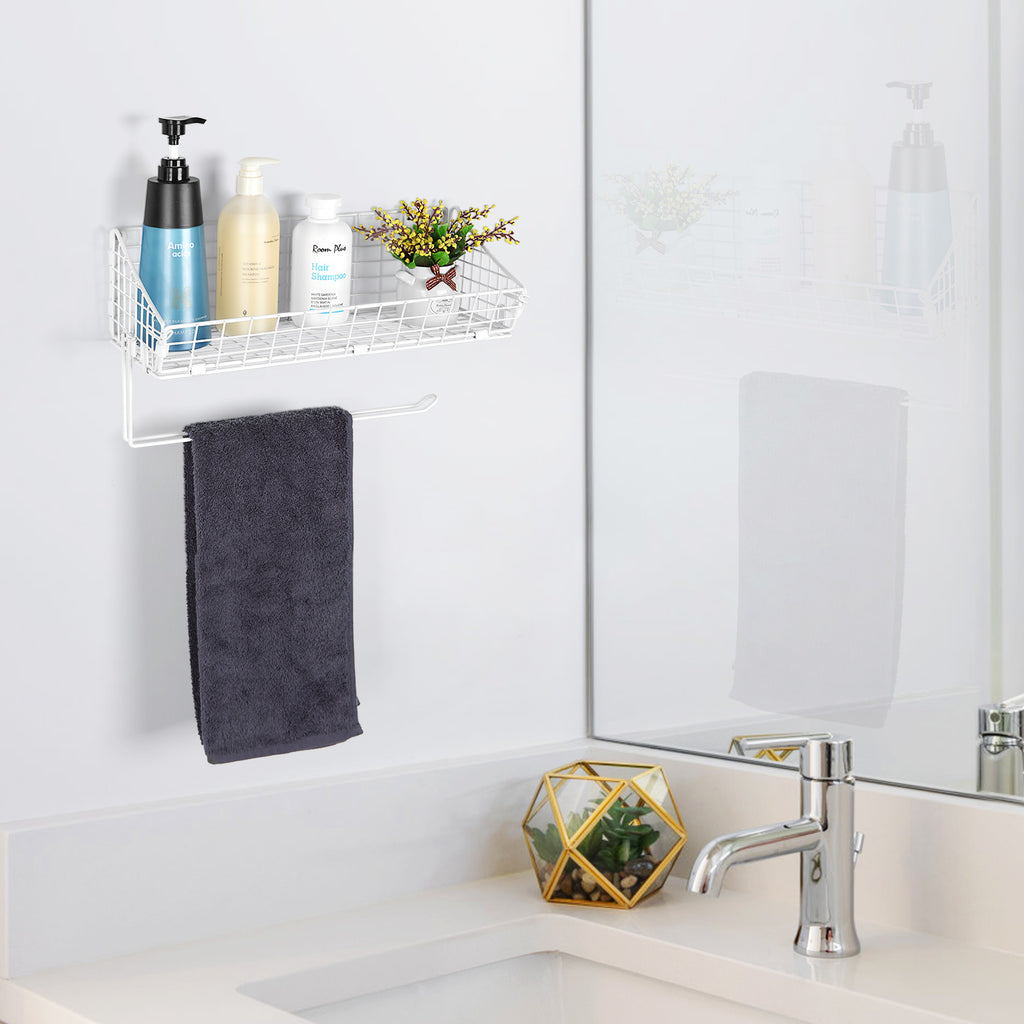 2-Pack White Wall-Mount Wire Mesh Shelves with Integrated Paper Towel Dispenser, Multi-Purpose Hanging Storage Organizers for Pantry and Bathroom