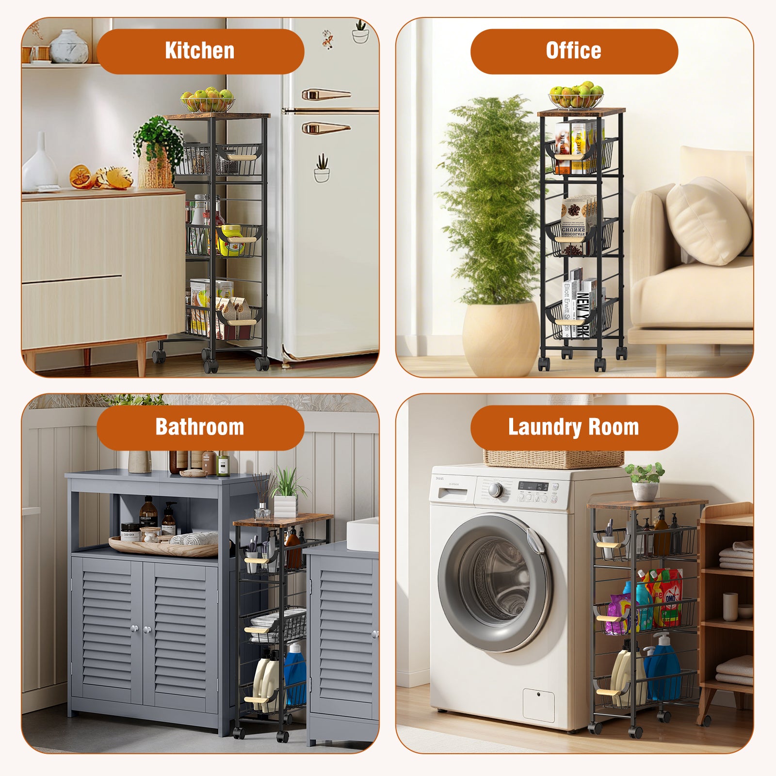 4-Tier Slim Rolling Laundry Cart - Narrow Slide-Out Storage Organizer with Baskets for Small Spaces,