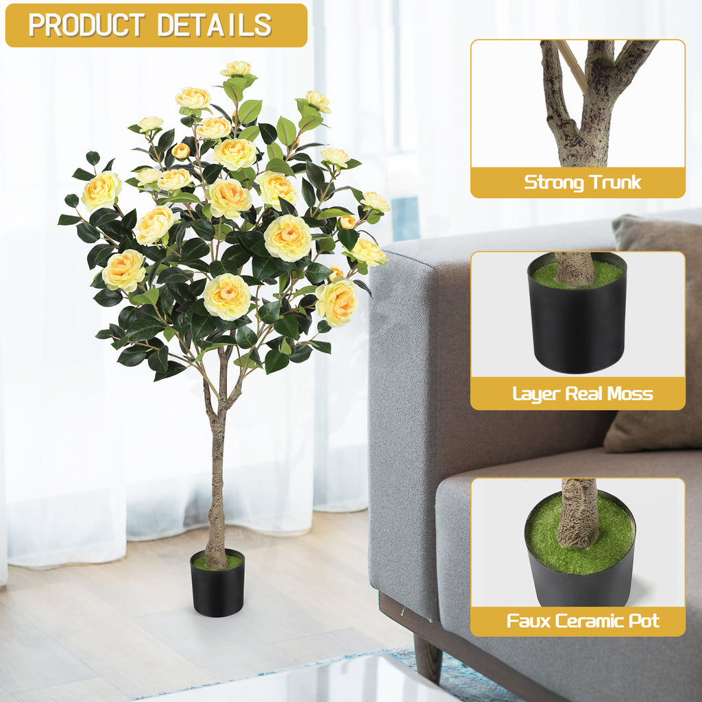 4ft Artificial Camellia Tree with Vibrant Yellow Flowers, Lifelike Potted Faux Plant for Indoor & Outdoor Home Decor, Porch & Office