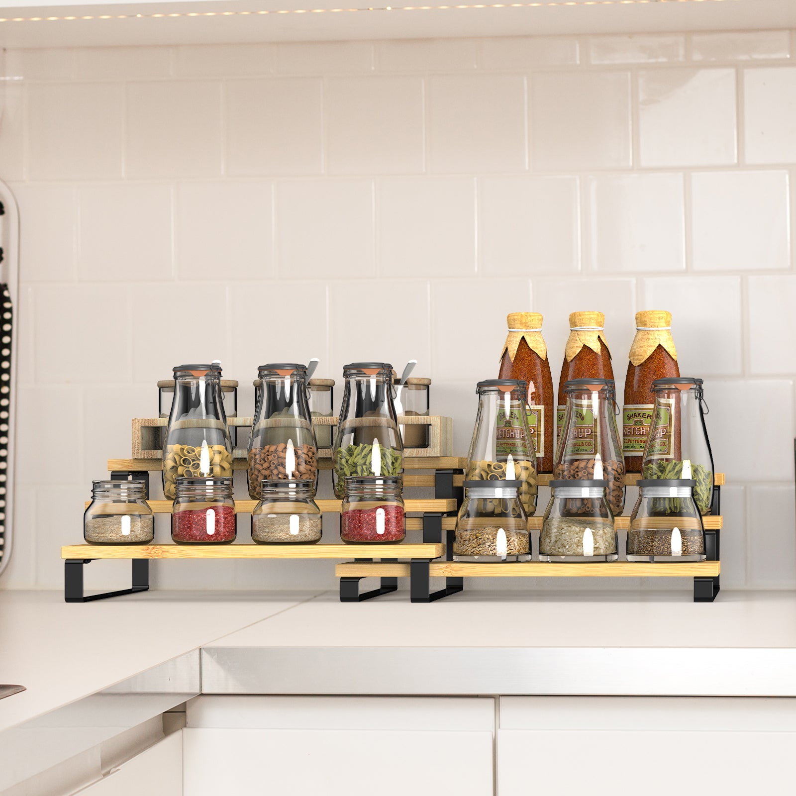 3-Tier Expandable Bamboo Spice Rack Organizer (Set of 2) - Adjustable Tiered Shelf for Kitchen Cabinets