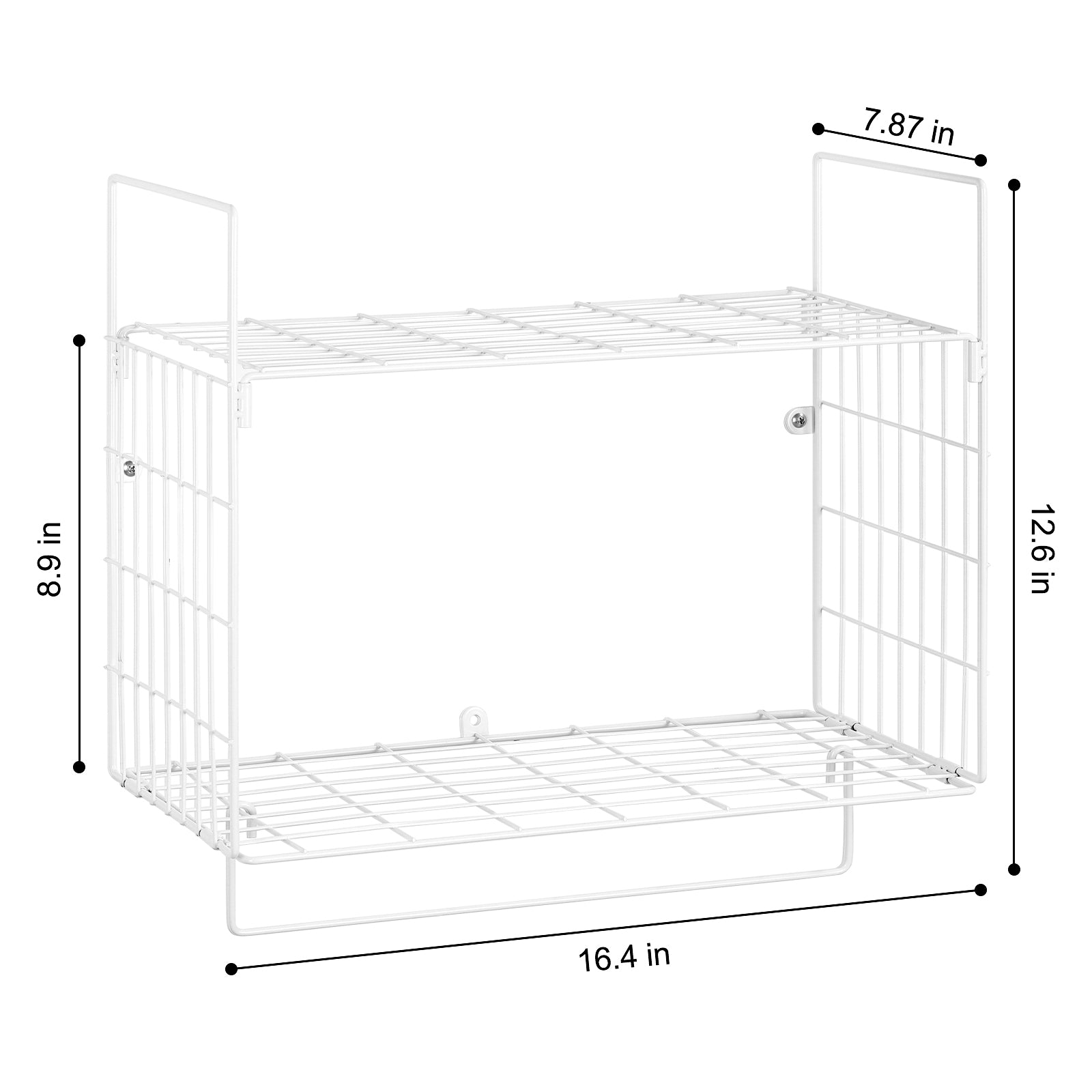 2 Tier White Wall Mounted Bathroom Shelf with Integrated Towel Bar, Metal Hanging Storage Organizer for Kitchen or Laundry Room