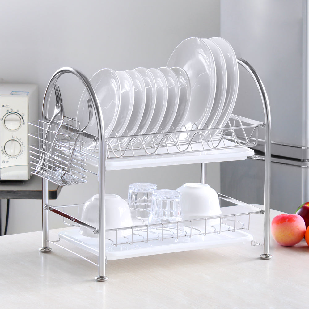 Premium 304 Stainless Steel 2-Tier Dish Rack, Rust-Proof Dish Drainer with Utensil Holder