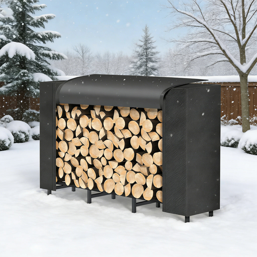 Firewood Rack with Cover - Heavy Duty Outdoor Log Holder & Storage Stand, Black