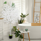 6ft Artificial Ficus Tree with White Silk Leaves, Tall Unique White Faux Plant in Pot for Modern Wedding & Home Office Decor