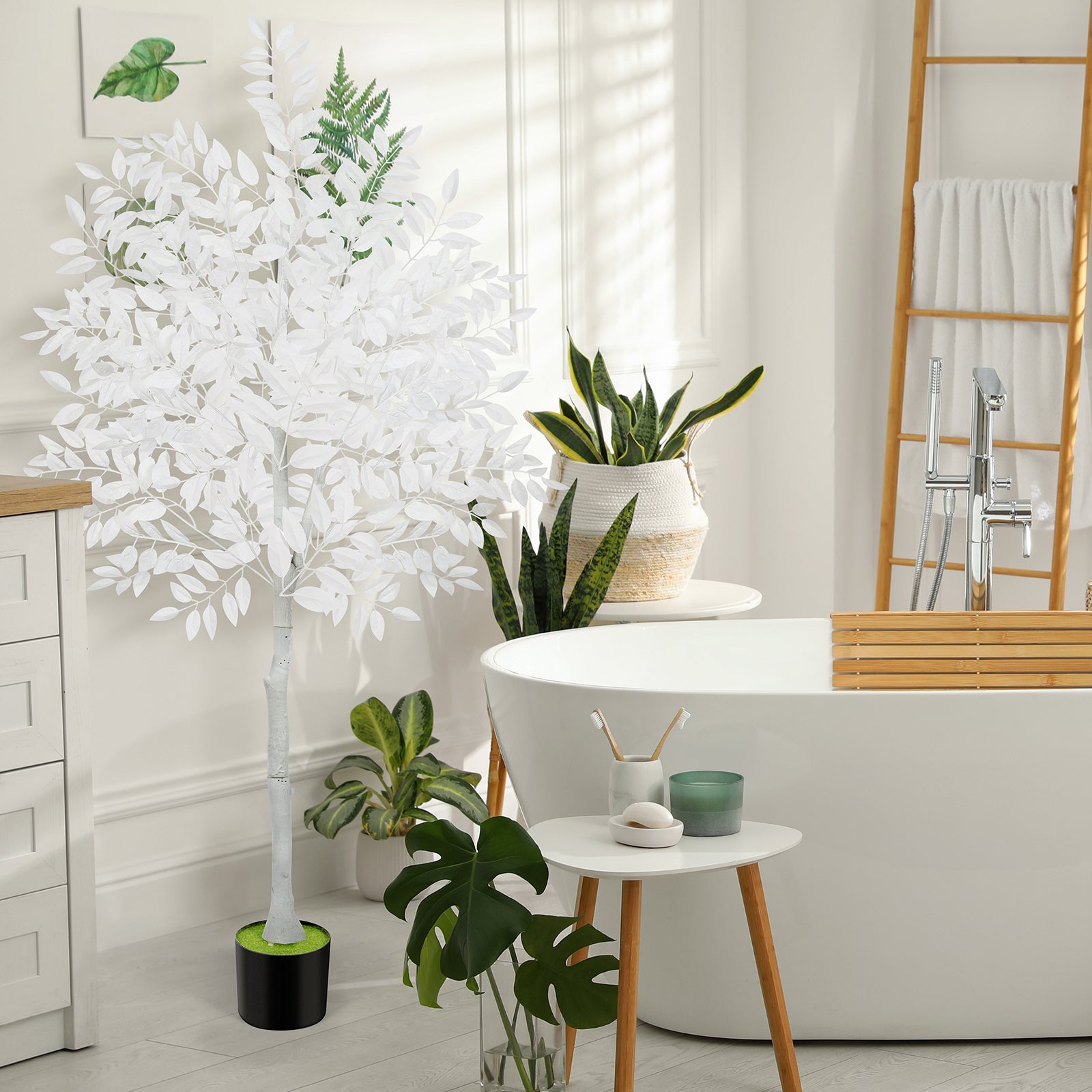 6ft Artificial Ficus Tree with White Silk Leaves, Tall Unique White Faux Plant in Pot for Modern Wedding & Home Office Decor