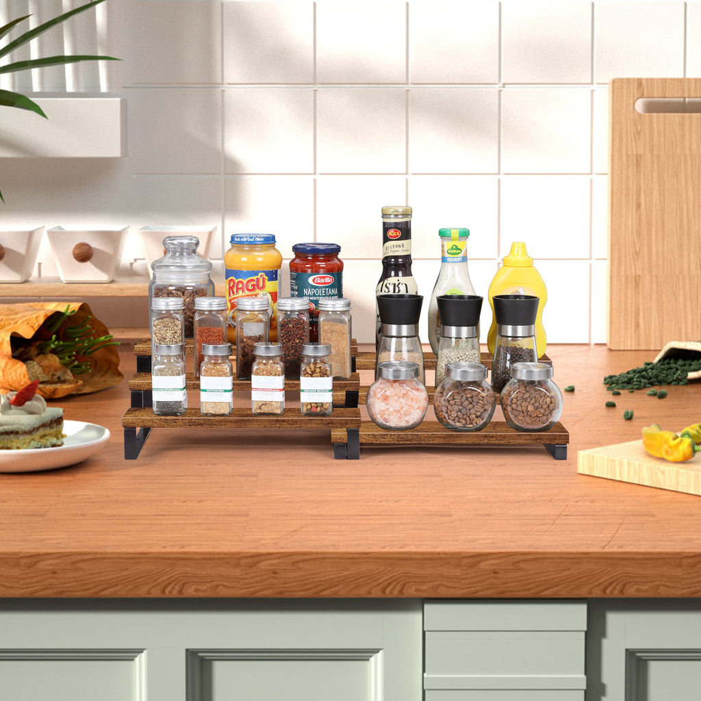 4-Piece 3-Tier Expandable Bamboo Spice Rack - Stackable Step-Style Pantry Organizer - Space-Saving Countertop Display Stand for Kitchen & Cabinets