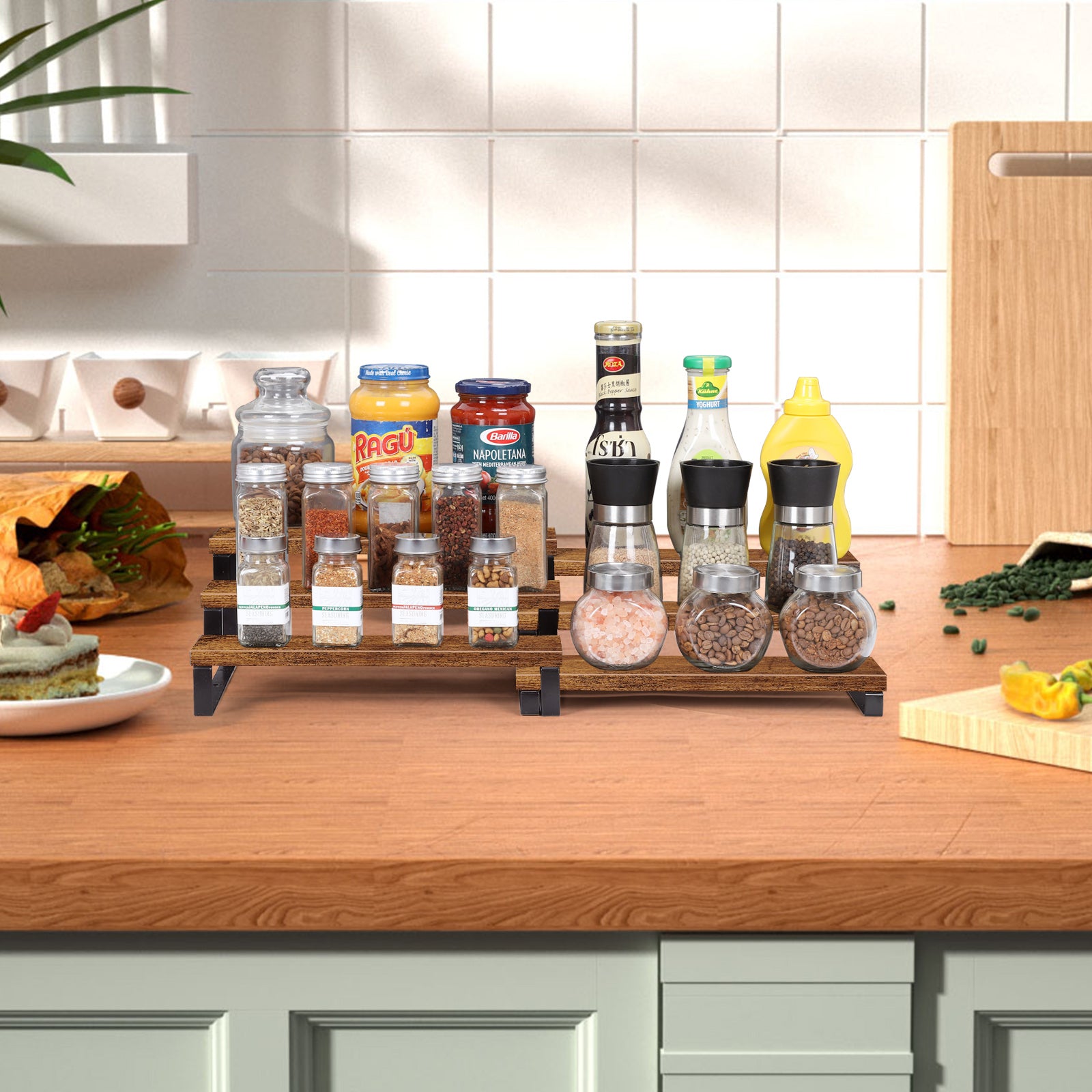 4-Piece 3-Tier Expandable Bamboo Spice Rack - Stackable Step-Style Pantry Organizer - Space-Saving Countertop Display Stand for Kitchen & Cabinets